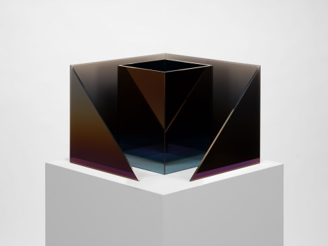 Larry Bell Deconstructed Cube SS C (Blizzard / Sea Salt / Lagoon), 2021 Laminated glass coated with stainless steel and titanium dioxide 16 x 12 x 16 inches 40.6 x 30.5 x 40.6 cm