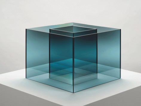 ALT="Larry Bell  UNTITLED COATED SS (Turquoise), 2020  Laminated glass coated with inconel and silicon monoxide"